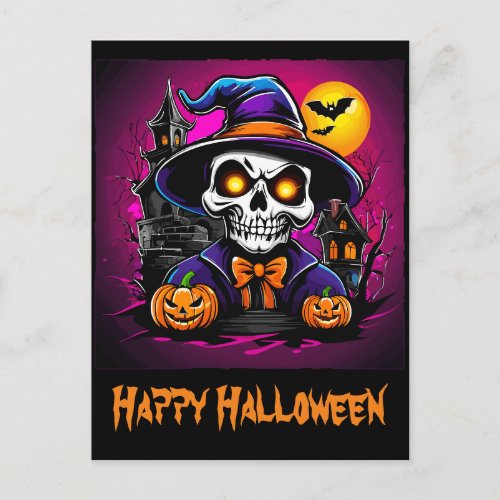 Colorful Skeleton Halloween Cartoon Pumpkin Postcard