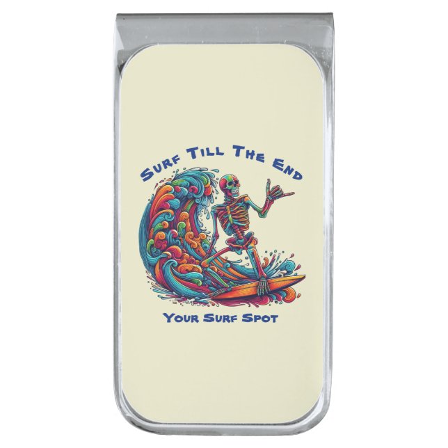 Colorful Skeleton Surfer Silver Finish Money Clip (Front Vertical)