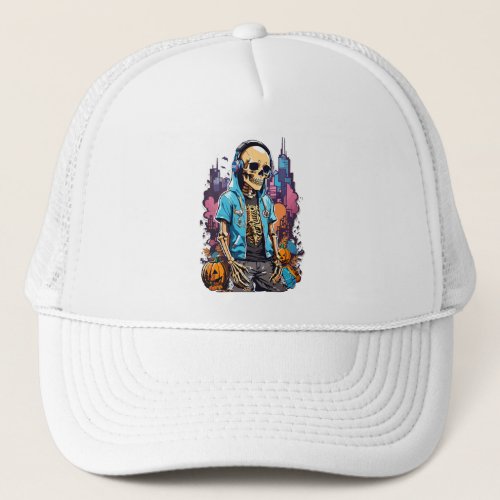 Colorful skeleton with halloween pumpkin trucker hat