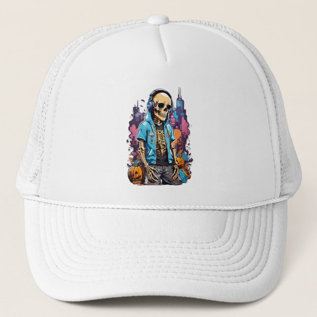 Colorful skeleton with halloween pumpkin trucker hat (Front)