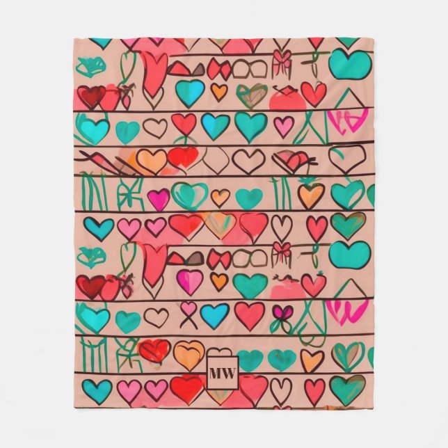 Colorful sketch-like hearts, and ribbons monogram fleece blanket (Front)