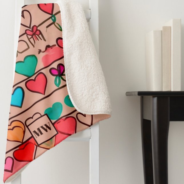 Colorful sketch-like hearts, and ribbons monogram sherpa blanket (Creator Uploaded)