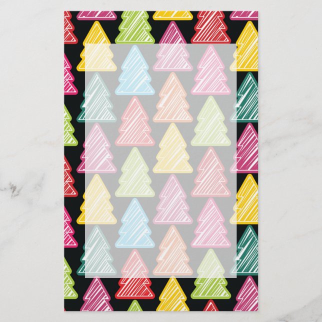 Colorful Sketchy Christmas Trees Stationery (Front)