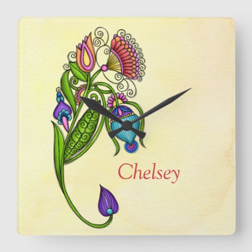 Colorful Sketchy Doodle Flower Square Wall Clock