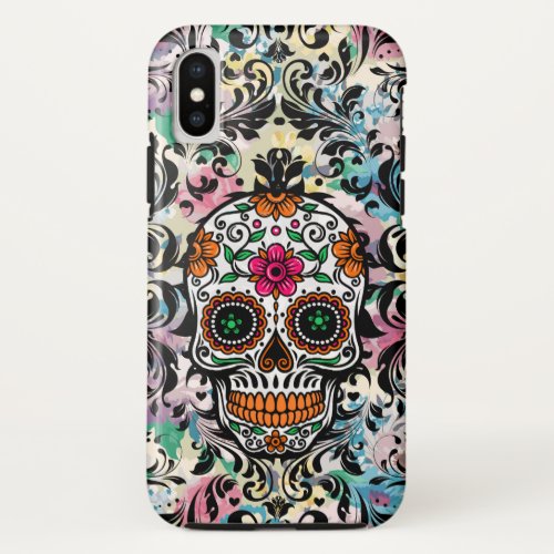 Colorful Skull  Black Swirls iPhone X Case