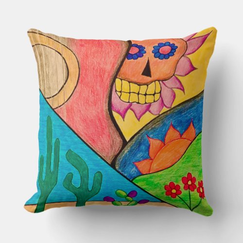 Colorful Skull Day of the Dead Southwest Desert Throw Pillow