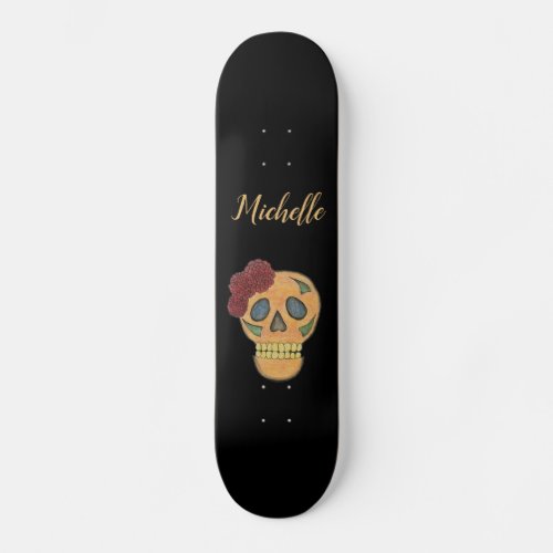 Colorful Skull Floral Custom Typography Black Skateboard