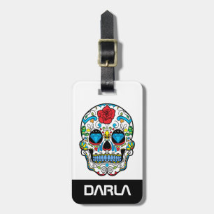 Colorful Skull Red Rose & Blue Diamonds Luggage Tag