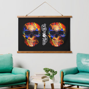 COLORFUL SKULL SKELETON HAPPY HALLOWEEN HANGING TAPESTRY