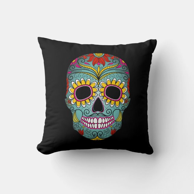 Colorful Skull Skeleton Throw Pillow (Front)