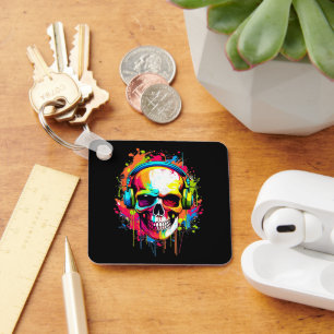 Colorful Skull wearing headphones Keychain