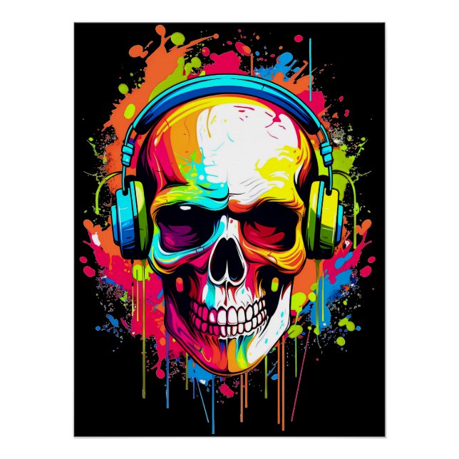 Colorful Skull wearing headphones Poster (Front)