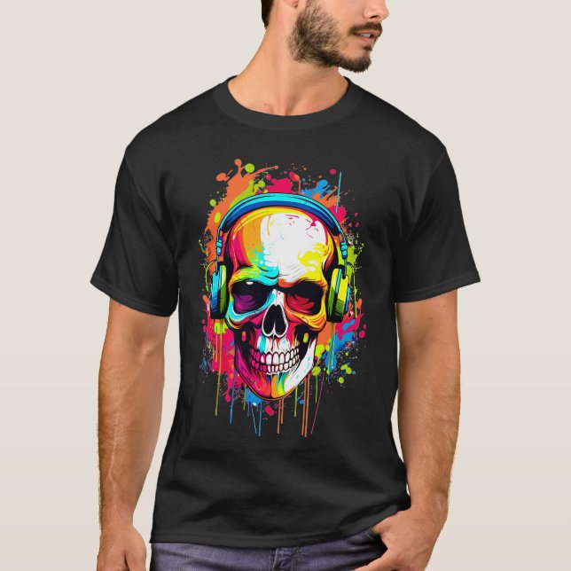 Colorful Skull wearing headphones T-Shirt (Front)
