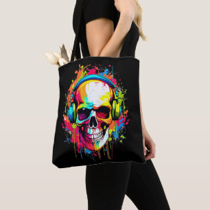 Colorful Skull wearing headphones Tote Bag