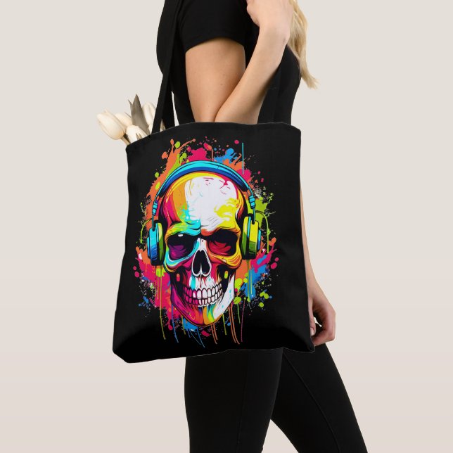 Colorful Skull wearing headphones Tote Bag (Close Up)