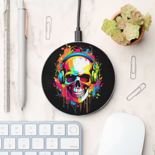 Colorful Skull wearing headphones Wireless Charger
