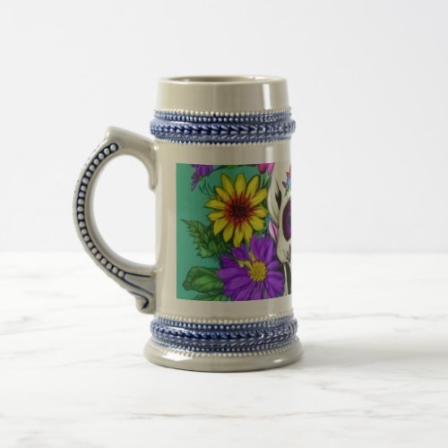 colorful skull with flowers  beer stein