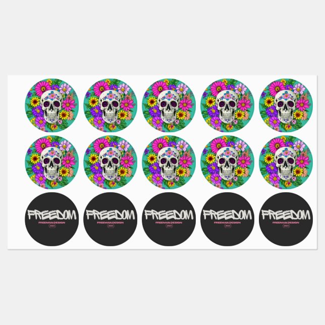 colorful skull with flowers  labels (Sheet)
