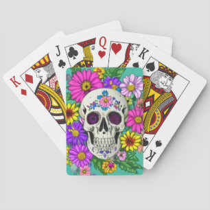 colorful skull with flowers poker cards