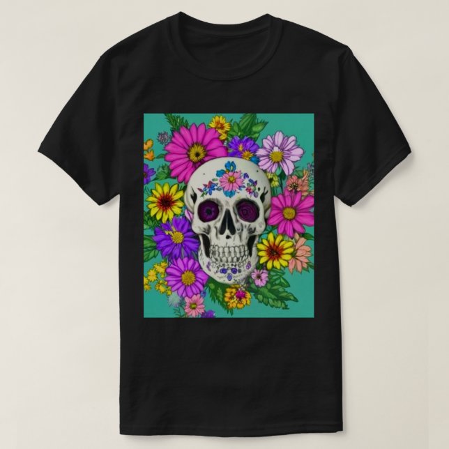 colorful skull with flowers T-Shirt (Design Front)