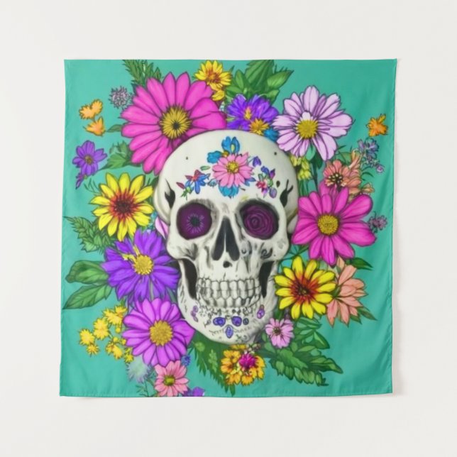 colorful skull with flowers  tapestry (Front)