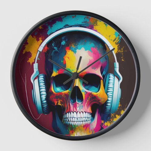 Colorful Skull with Headphones Clock
