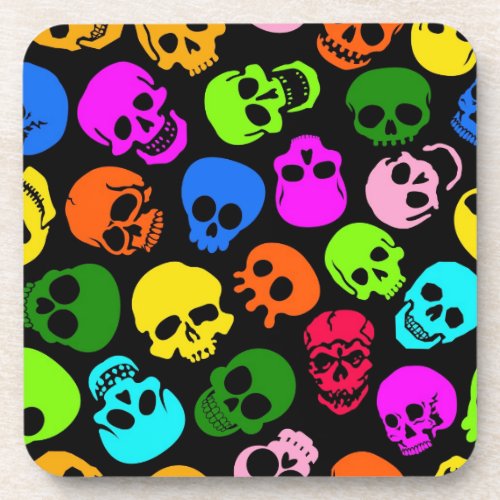Colorful Skulls pattern in black Beverage Coaster