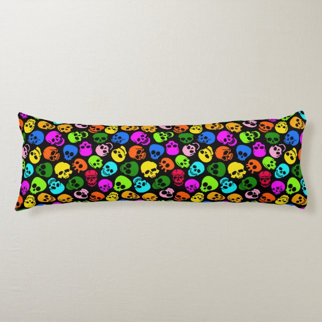 Colorful Skulls pattern in black Body Pillow (Front)