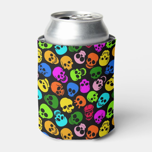 Colorful Skulls pattern in black Can Cooler (Can Front)