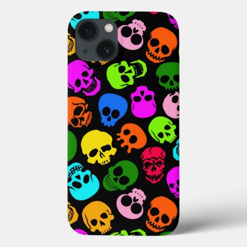 Colorful Skulls pattern in black iPhone 13 Case