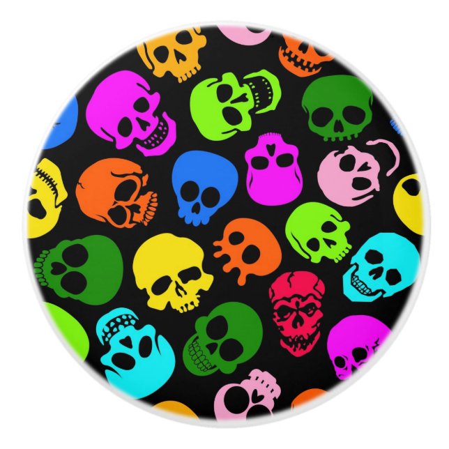 Colorful Skulls pattern in black Ceramic Knob (Front)