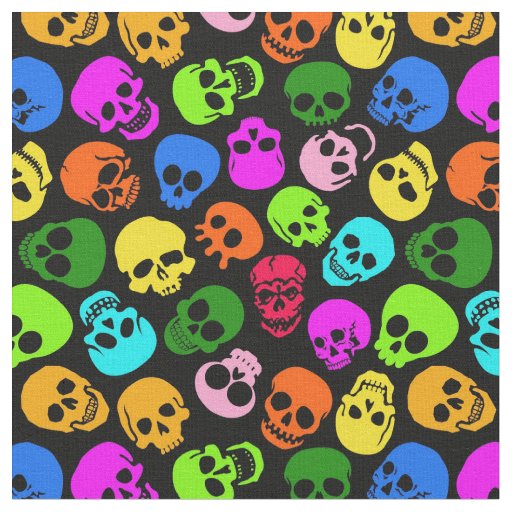 Colorful Skulls pattern in black Fabric