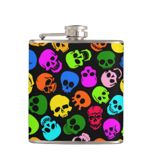 Colorful Skulls pattern in black Flask