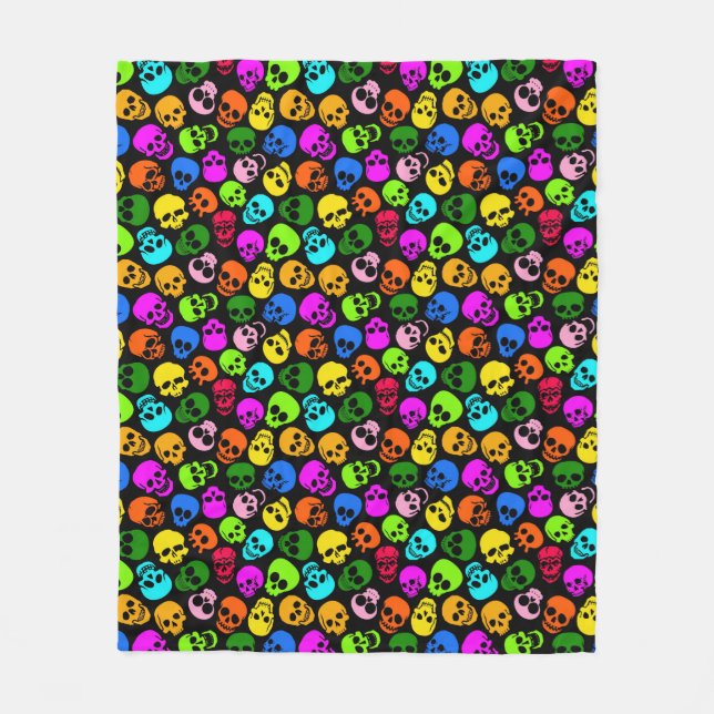 Colorful Skulls pattern in black Fleece Blanket (Front)