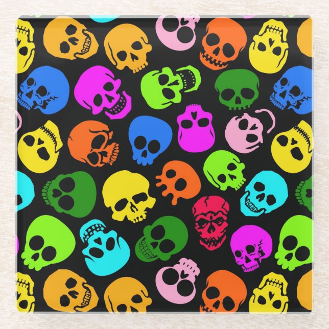 Colorful Skulls pattern in black Glass Coaster (Front)