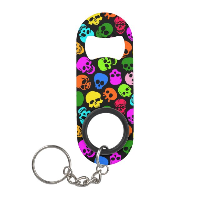 Colorful Skulls pattern in black Keychain Bottle Opener (Front)