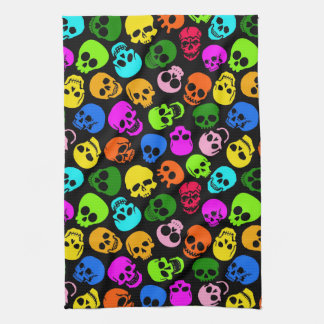 Colorful Skulls pattern in black Kitchen Towel