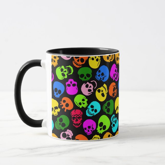 Colorful Skulls pattern in black Mug (Left)