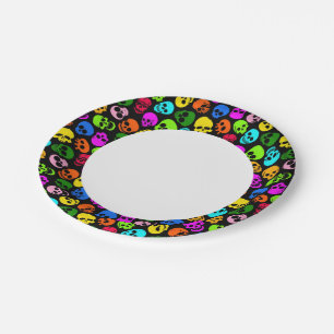 Colorful Skulls pattern in black Paper Plates