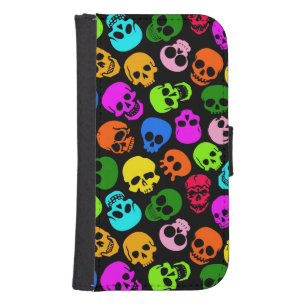 Colorful Skulls pattern in black Galaxy S4 Wallet Case