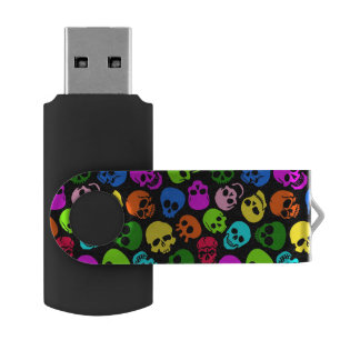 Colorful Skulls pattern in black USB Flash Drive