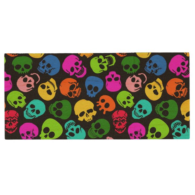Colorful Skulls pattern in black Wood USB Flash Drive (Front)