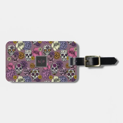 Colorful Skulls Trendy Monogram Mauve Luggage Tag