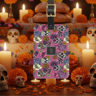 Colorful Skulls Trendy Monogram Pink Luggage Tag