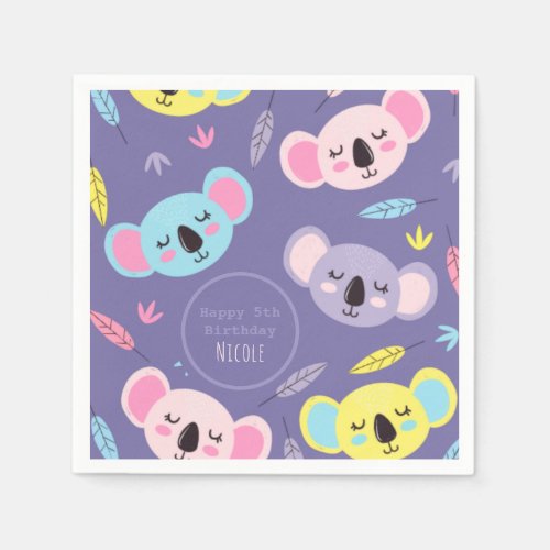 Colorful Sleeping Koala Pattern 5th Kids Birthday  Napkins