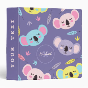 Colorful Sleeping Koala Pattern Name & Initial Kid 3 Ring Binder