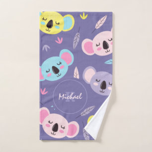 Colorful Sleeping Koala Pattern Name & Initial Kid Hand Towel