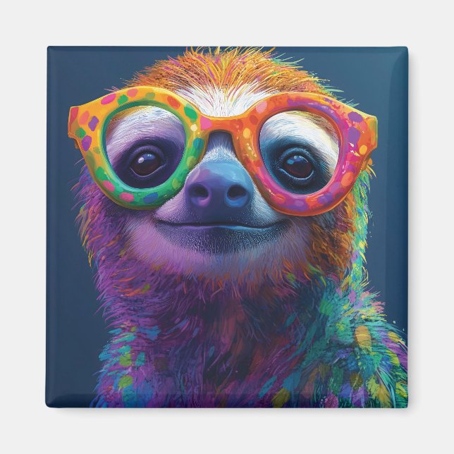 Colorful Sloth Fun Illustration with Glasses Magnet (Front)
