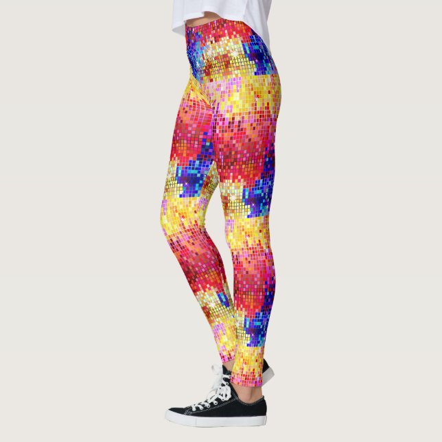 Colorful small geometric shapes disco-era pattern leggings (Left)