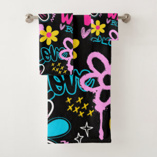 Colorful Smiley Flower Graffiti Pattern Baby Bib Bath Towel Set